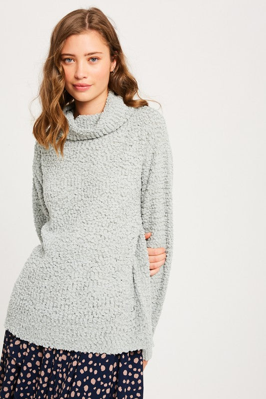 Hailey Popcorn Pullover Turtleneck in Light Sage