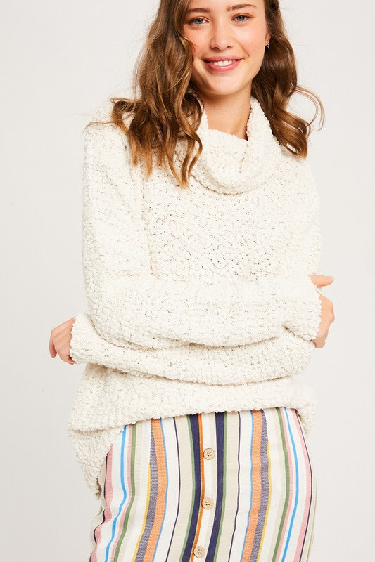 Hailey Popcorn Pullover Turtleneck in Ivory