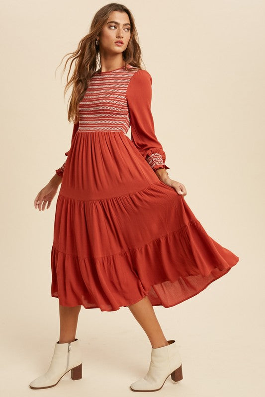 Jamie Smocked Midi Dress in Brick