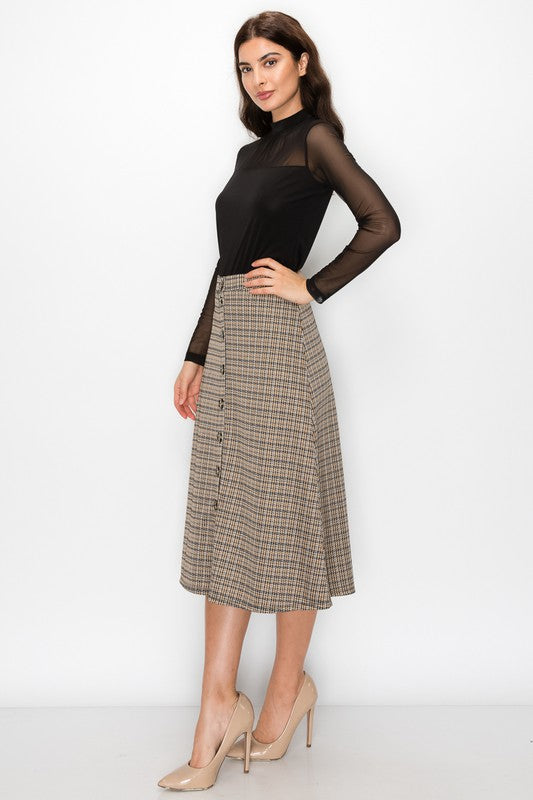 Plaid Midi Skirt in Brown
