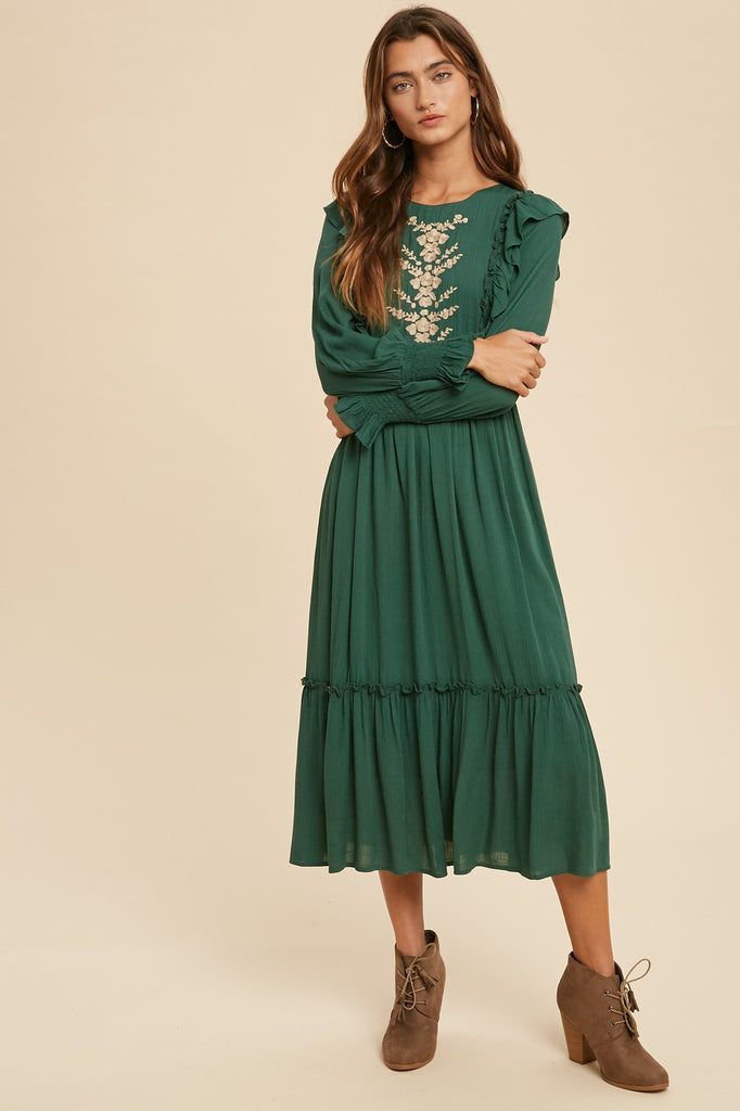 Mariah Embroidered Midi Dress in Emerald