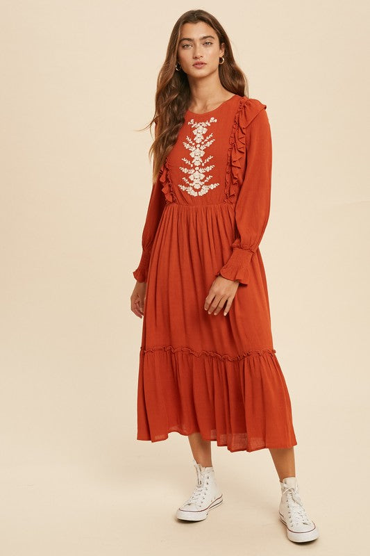 Mariah Embroidered Midi Dress in Brick