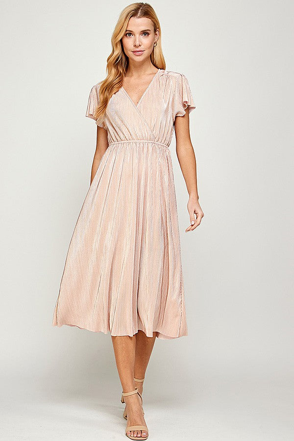 Abigail V-Neck MIDI Dress in Golden Pink