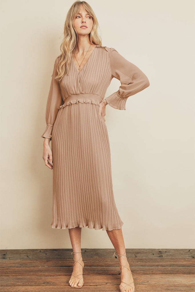 Esmae Pleated Midi Dress in Mocha