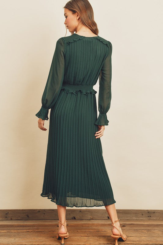 Esmae Pleated Midi Dress in Forest Green