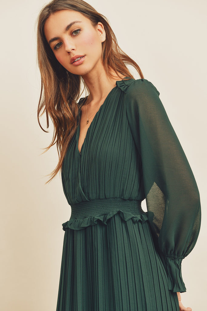 Esmae Pleated Midi Dress in Forest Green