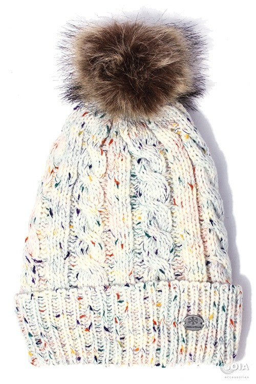 Kids Tri-Color Beanie with Fur Pom