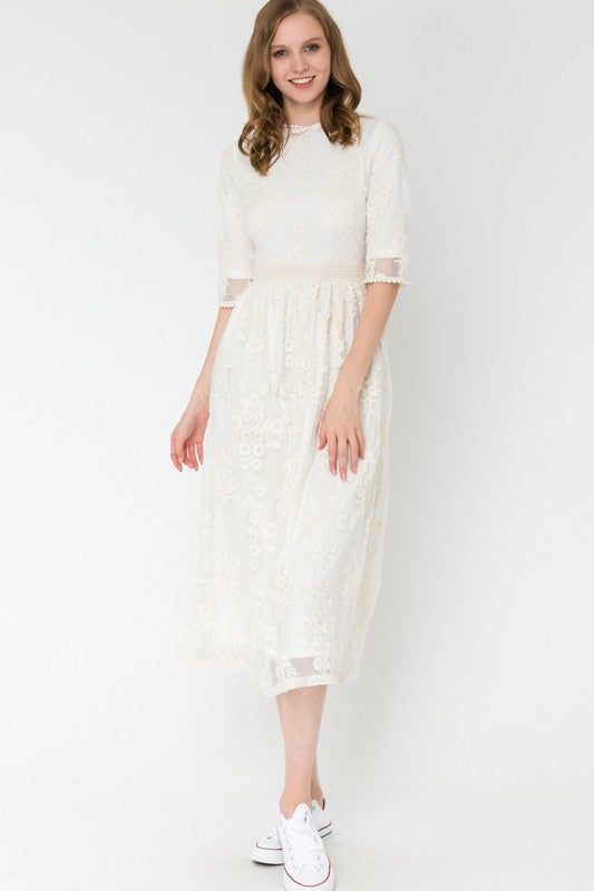 Joy Holiday Embroidered Lace Dress in Ivory