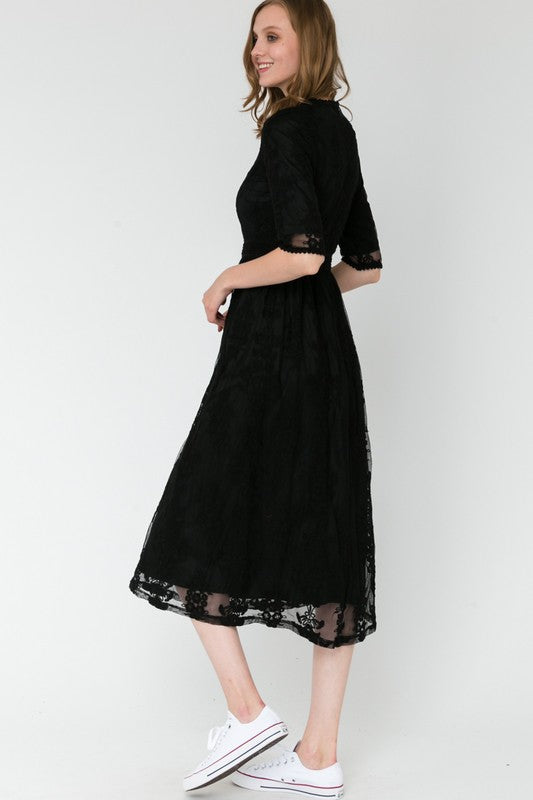 Joy Holiday Embroidered Lace Dress in Black