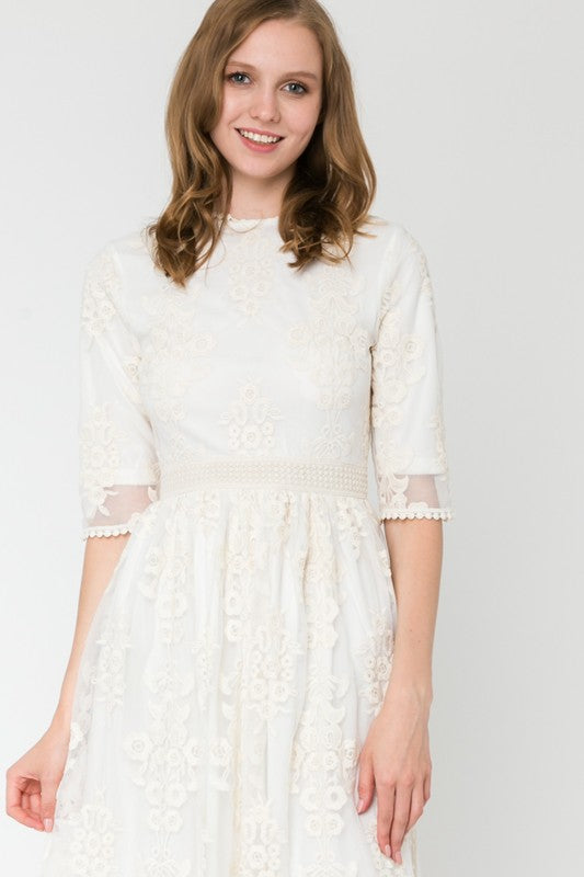Joy Holiday Embroidered Lace Dress in Ivory