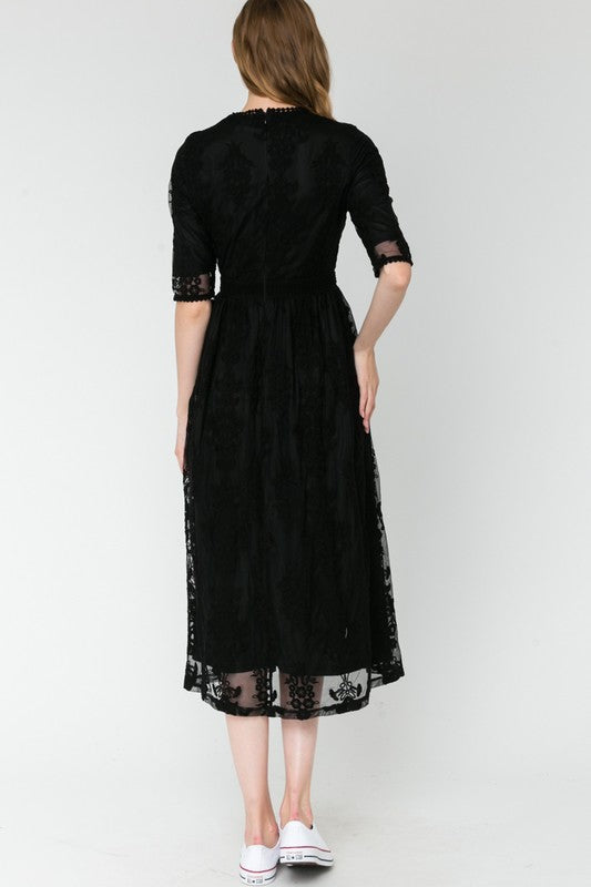 Joy Holiday Embroidered Lace Dress in Black