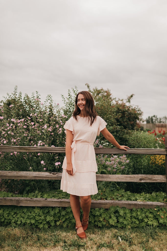 Quinn Pleated Dot Dress in Peach