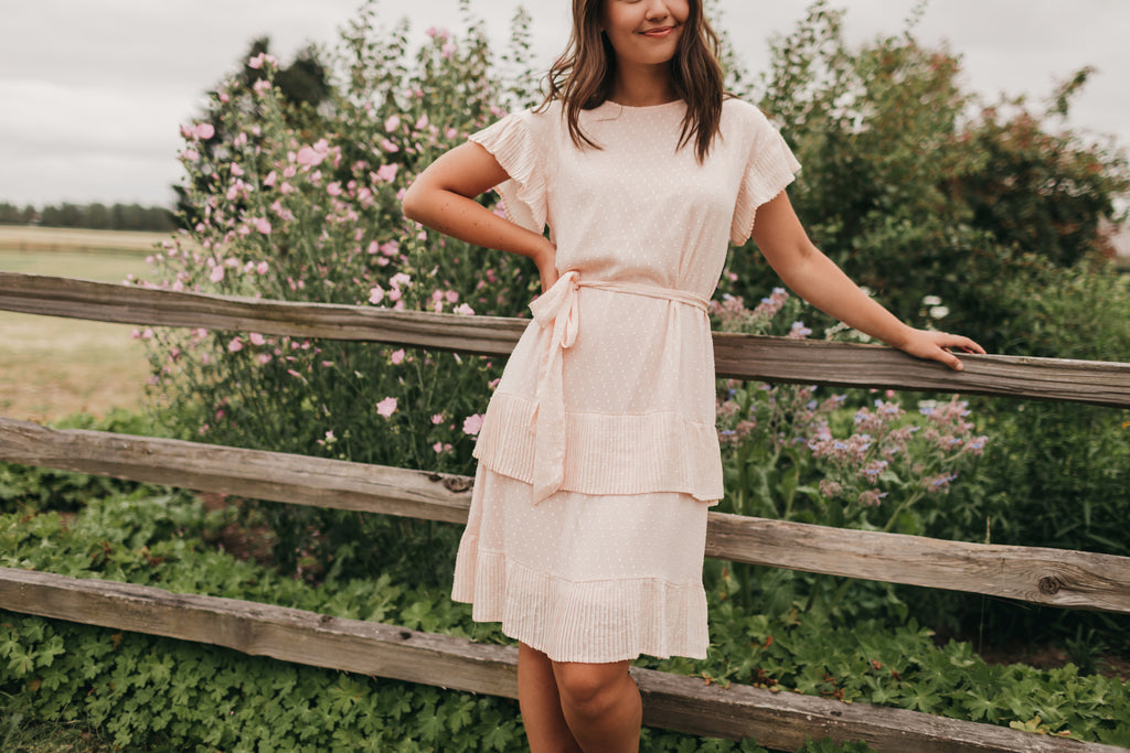 Quinn Pleated Dot Dress in Peach