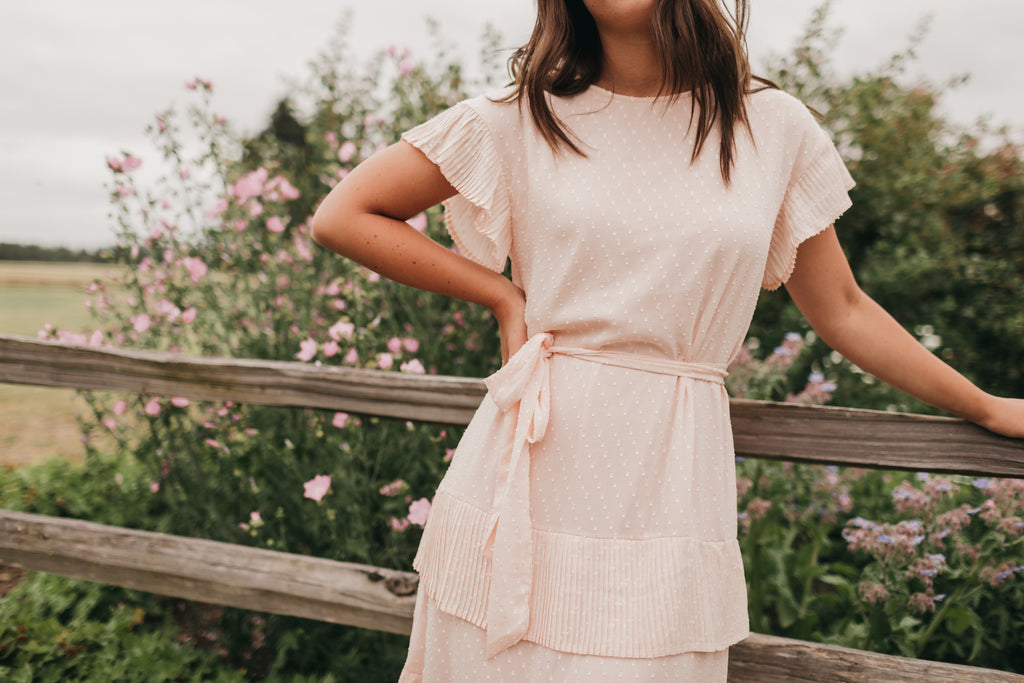 Quinn Pleated Dot Dress in Peach