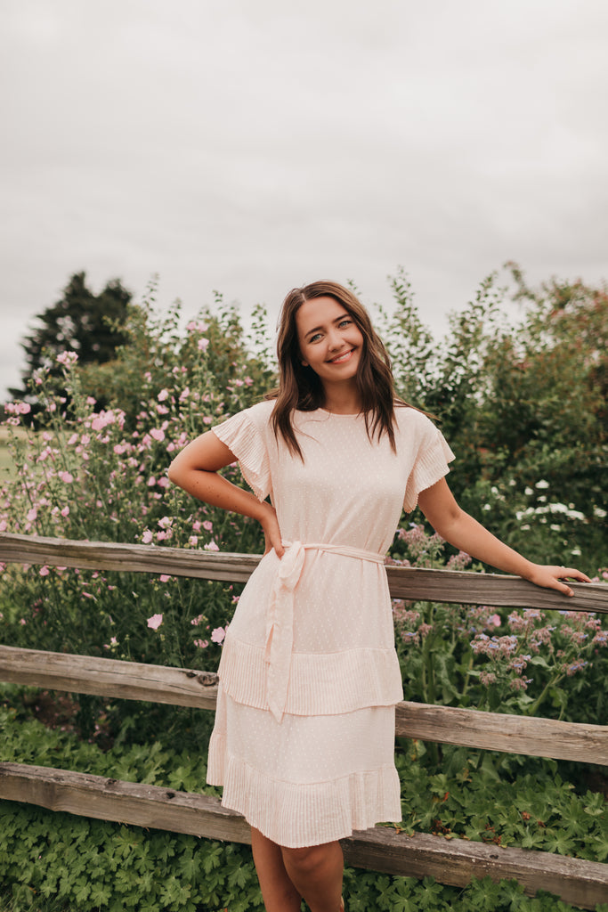 Quinn Pleated Dot Dress in Peach