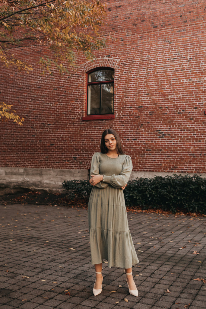 Charlotte Smocked Dress in Olive