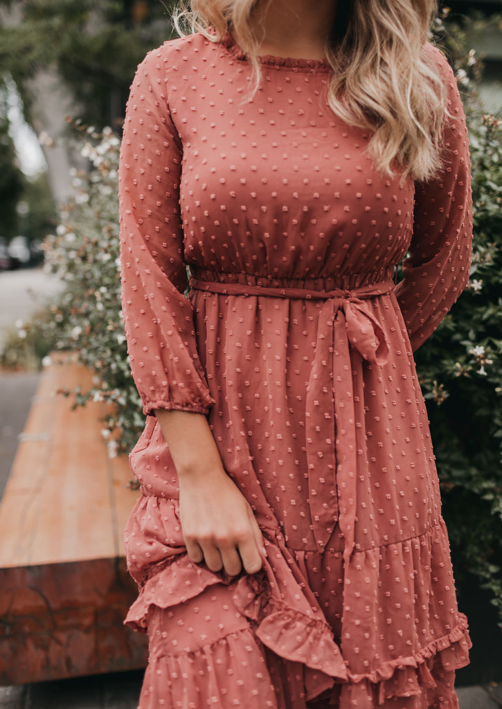 Daria Swiss Dot Tier Midi Dress in Sienna Pink