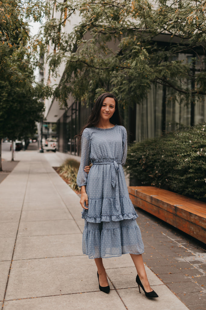 Daria Swiss Dot Tier Midi Dress in Dusty Blue