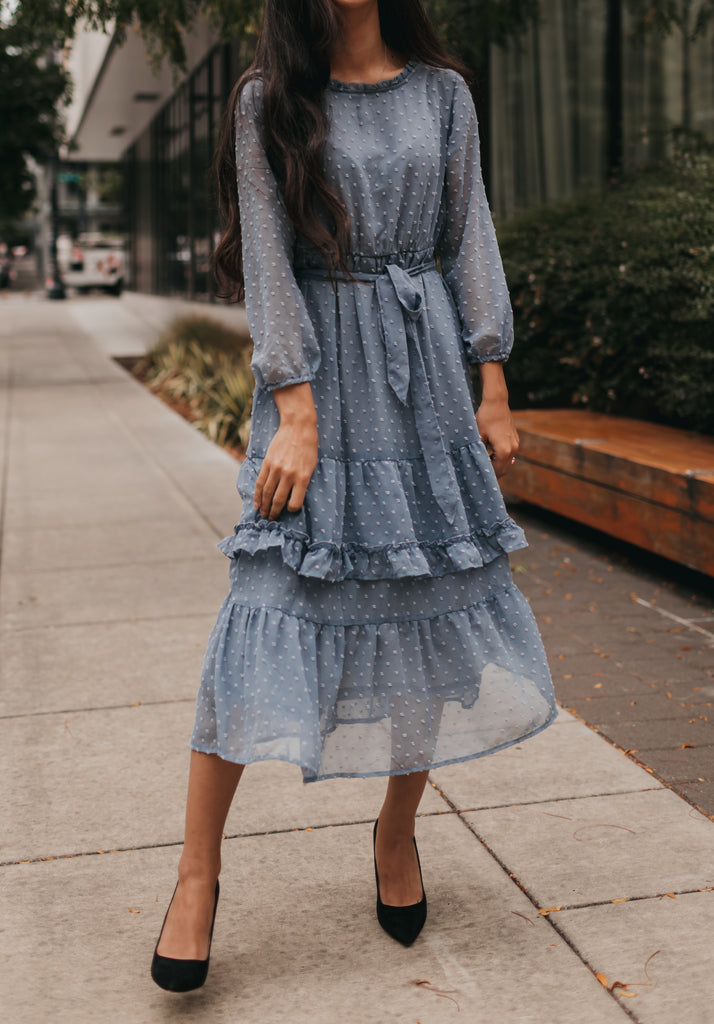 Daria Swiss Dot Tier Midi Dress in Dusty Blue