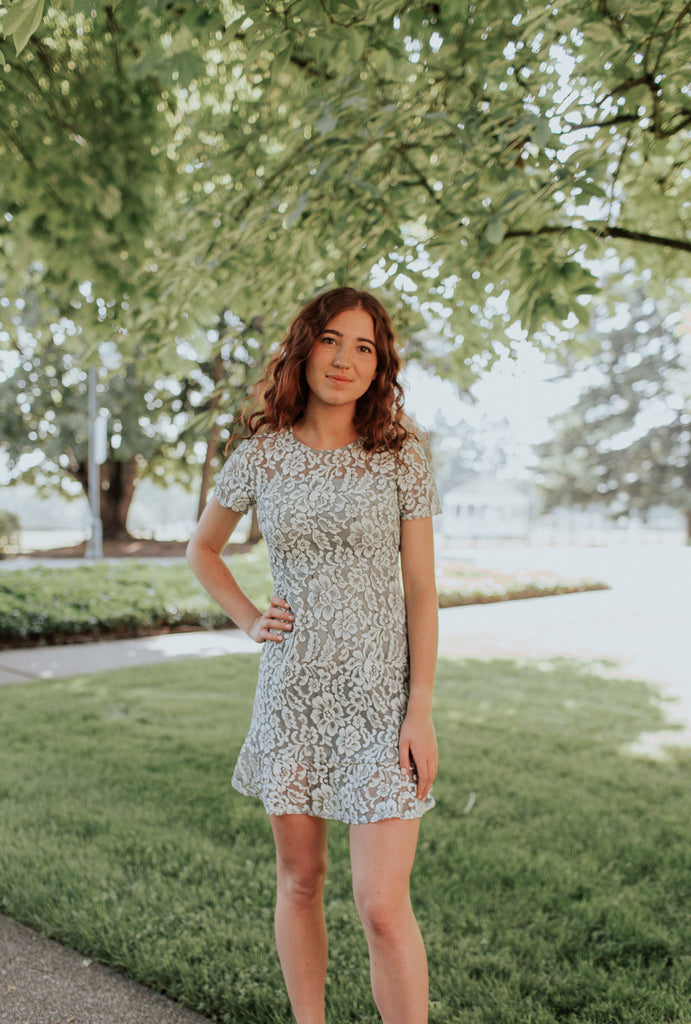 Lora Lace Dress in Dusty Blue PETITE