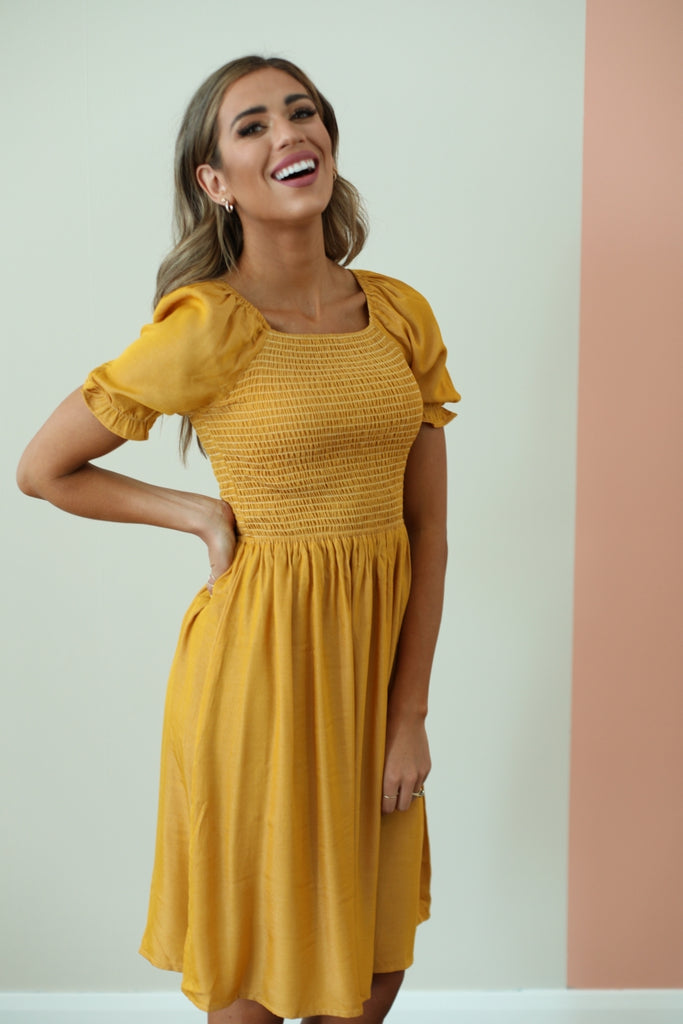 Annalise Smocked Dress in Mustard